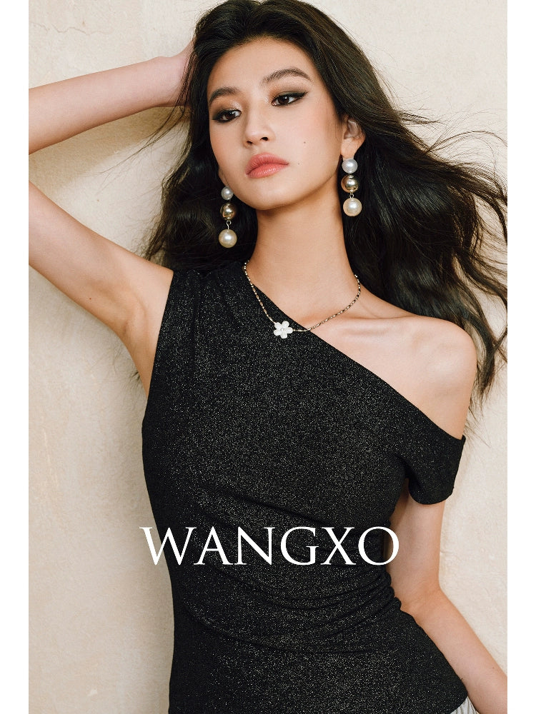 WANGXO Brilliant Radiant Acetate Bright Silk Heavy Handmade Slanted Shoulder Top - NELLA