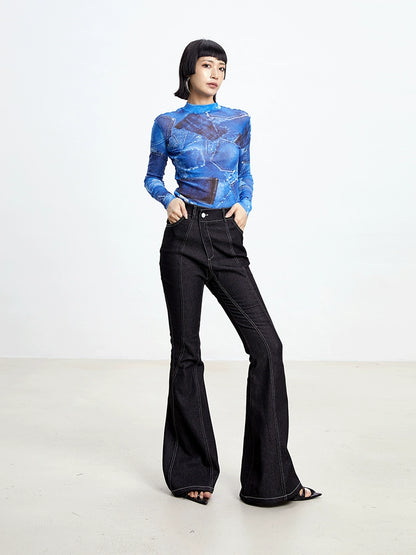 TINY IN black flared women's stitched versatile jeans-RIZU