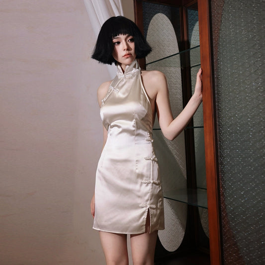 DOLLY Off White Chinese Style Standup Collar Buttoned Backless Sexy Dress-LILY