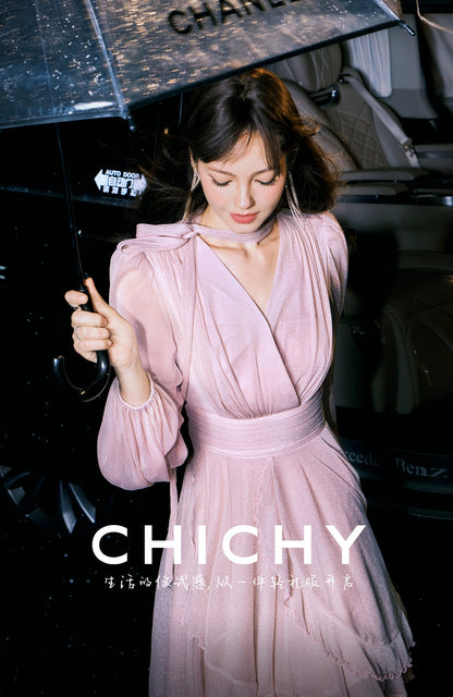 CHICHY French Gentle Long Sleeve V-Neck Pink Dress-KANA
