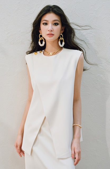 WANGXO | Imported Twisted Drape Fabric Elegant Commuter-Style Diagonal Placket with Loose Pleated Slit Vest & Skirt Suit Set -NALA