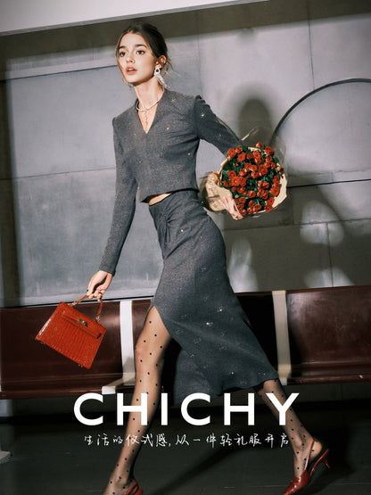 CHICHY French Grey Knitted V-Neck Slim Sweater Long Skirt Two-Piece Set-NANCY