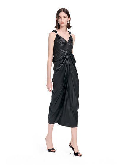 YES BY YESIR | Ye Qians Pleated Romantic Long Dress with Sculptural Ring Ornament-AMELINA.