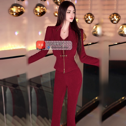 VJE velvet top flared pants two-piece women's OL suit set -FLORA.