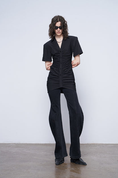 ANNAKIK Black and white pleated waist V-neck dress-FANSIA