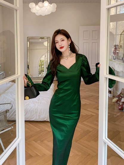 DOLLY High End Green Square Collar Long Sleeve Slim Fit Long Dress-MALU
