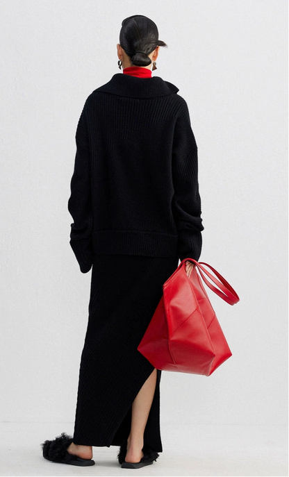 ZHUCHONGYUN winter black lapel loose wool knit top--NANA.