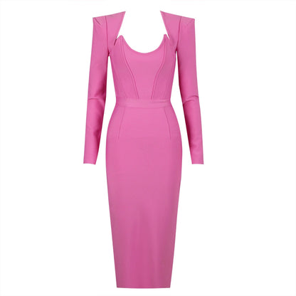 DOLLY Luxury Retro Style Square Collar Long Sleeve Slim Fit Dinner Dress-CAHTIE