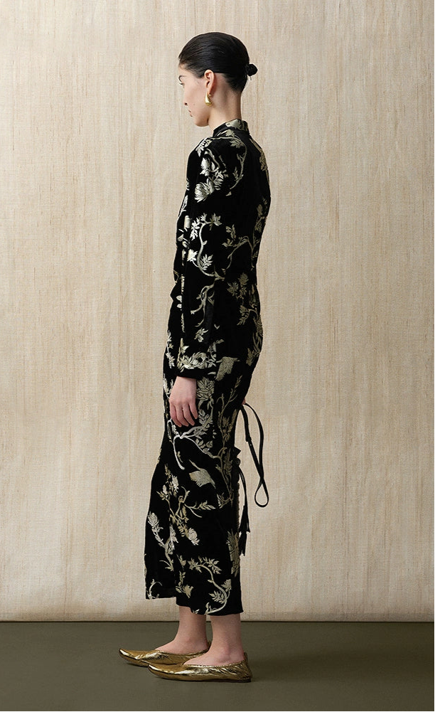 ZHUCHONGYUN bronzing velvet slit long sleeve floral dress-SHOUYA.