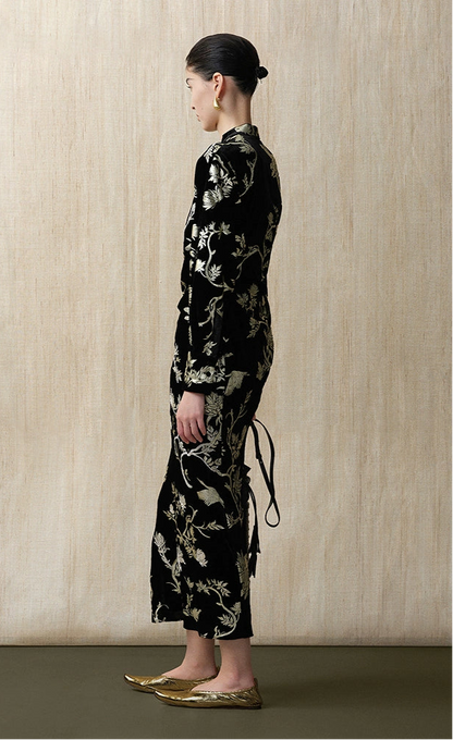 ZHUCHONGYUN bronzing velvet slit long sleeve floral dress-SHOUYA.