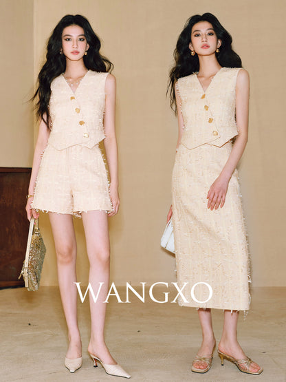 WANGXO | Yaluxe Custom \Pull Wool  Multi-Yarn Woven Vest, Shorts & Skirt Set -RINA