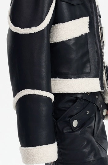 TINY IN black and white contrasting stitched fur leather biker jacket -MIKE