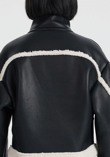 TINY IN black and white contrasting stitched fur leather biker jacket -MIKE