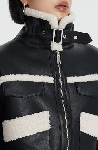 TINY IN black and white contrasting stitched fur leather biker jacket -MIKE