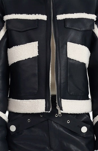 TINY IN black and white contrasting stitched fur leather biker jacket -MIKE