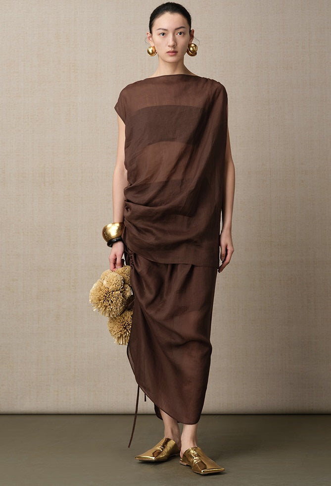 ZHUCHONGYUN ramie transparent and light texture pleated simple long skirt--MARIE.