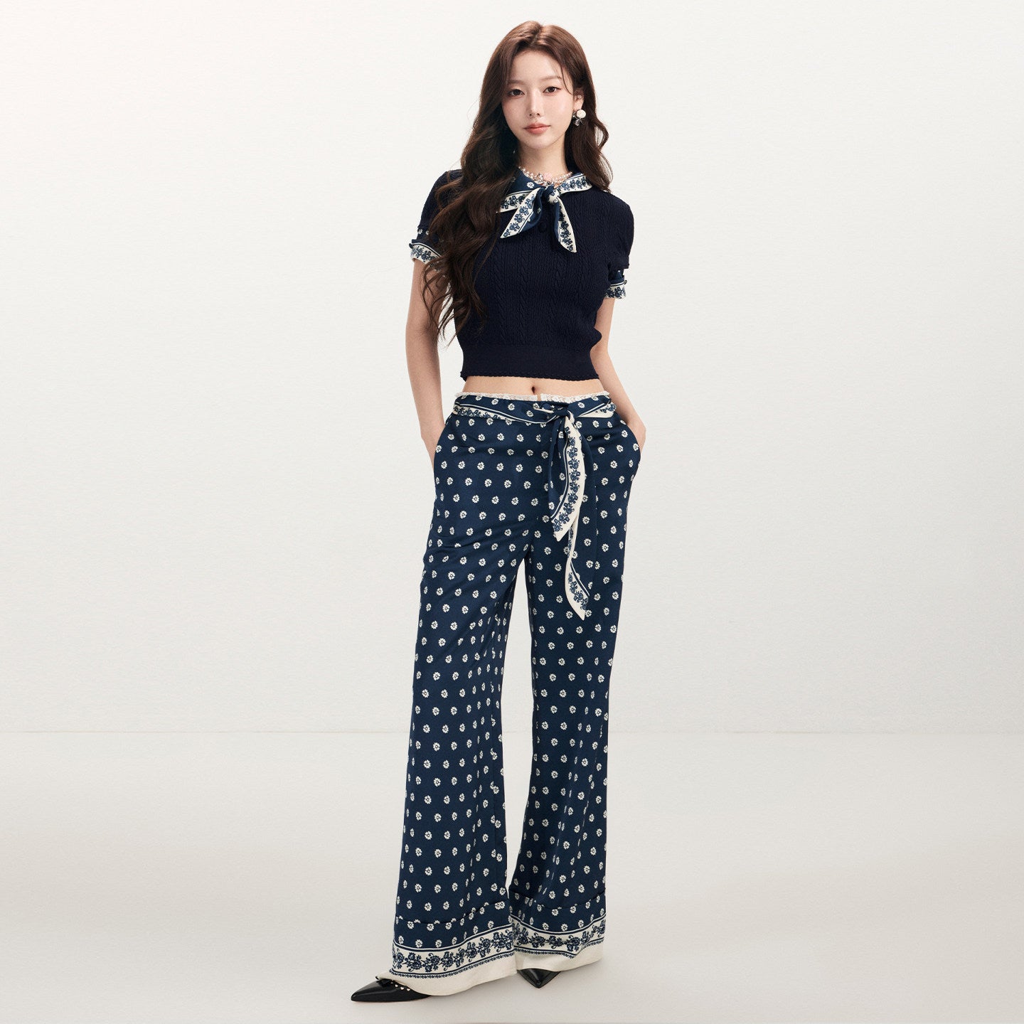 FAME Printed Silk Scarf Pants Straight Loose Wide-leg Slacks