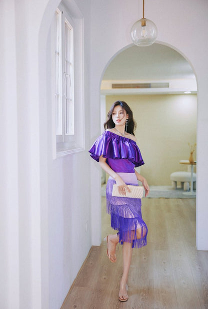DOLLY Elegant Purple Satin Ruffle Of Shoulder Top+ Gradient Tassel Skirt-ZAYN