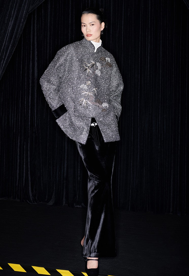 M essential Mackay designer cedar beaded jacket  elegant black velvet skirt- abel.