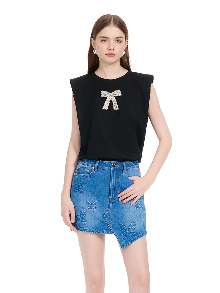 YES BY YESIR | Ye Qians Full Diamond Bow Crew Neck Sleeveless T-Shirt -VERALYN.