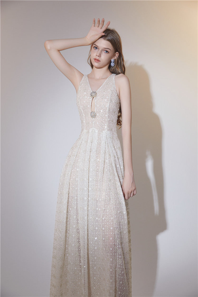 Wardrobes by Chen Elegant Cream Sleeveless Sequin Diamond Dress-KLAIRE S / Cream Wardrobes by Chen Elegant Cream Sleeveless Sequin Diamond Dress-KLAIRE S / Cream