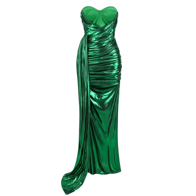 DOLLY High End Green Off Shoulder Chest Wrap Irregular Fish Tail Dress-LEAH