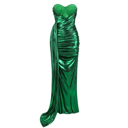 DOLLY High End Green Off Shoulder Chest Wrap Irregular Fish Tail Dress-LEAH