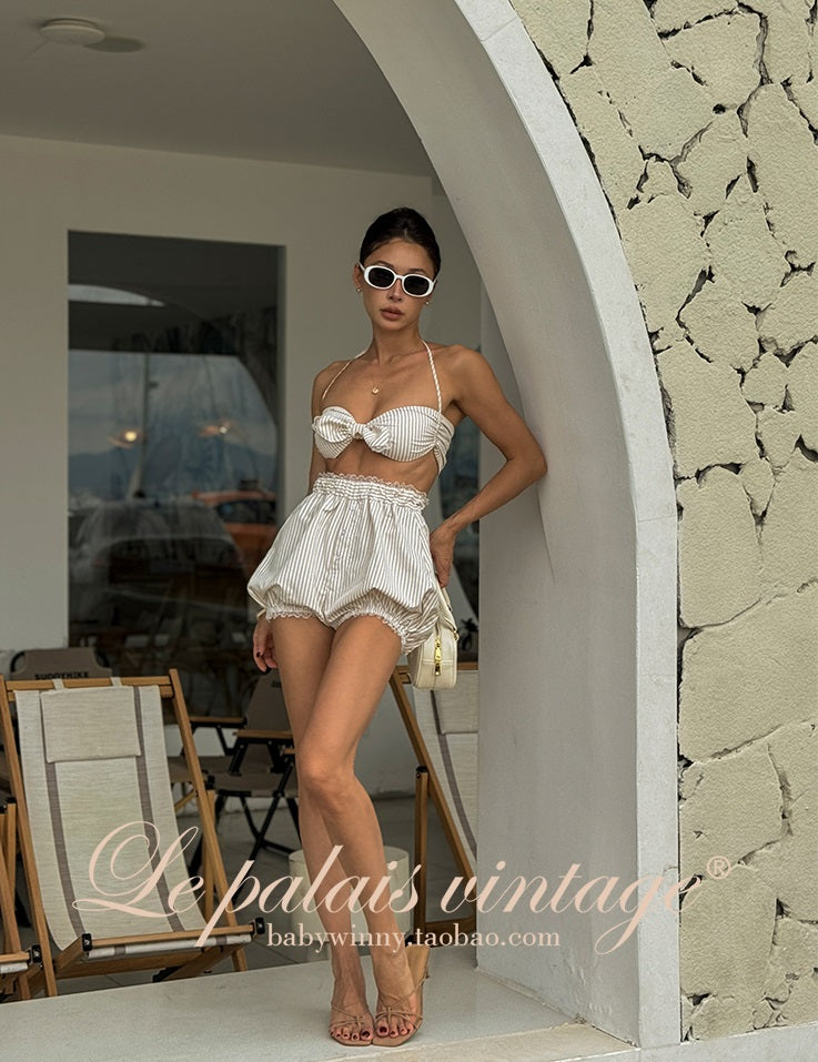 Le Palais Vintage  Sweet and Spicy Girly Short Puff Sleeve Shirt High Waist Pumpkin Shorts-QUINN