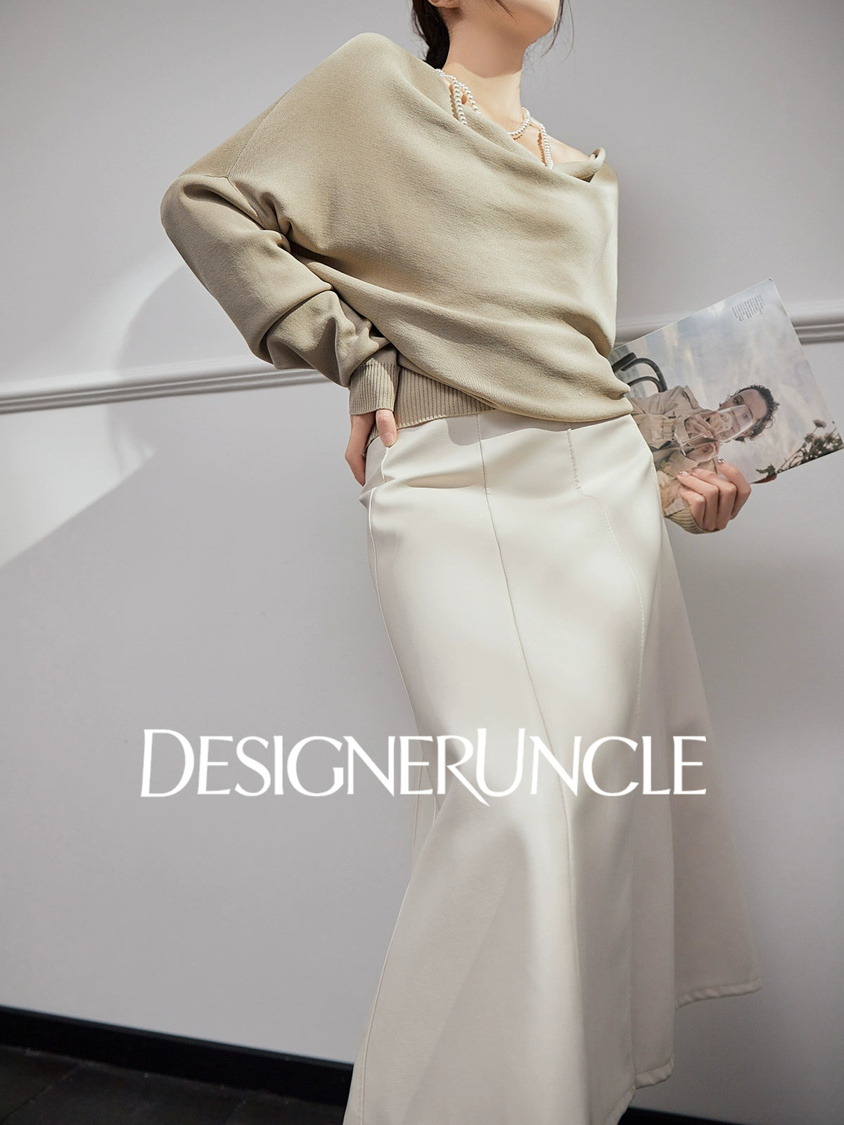 DGU "Shallow Realm" gray-green knitted sweater V-neck loose slimming temperament top - EKKO.