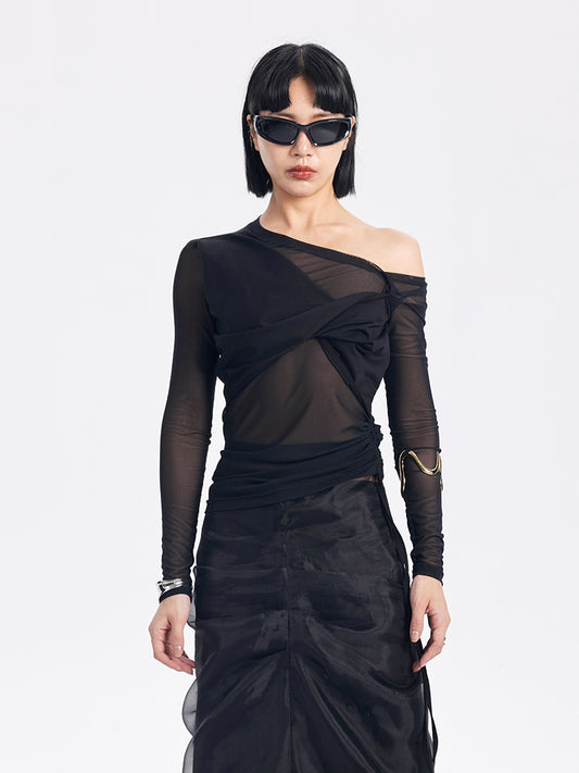 TINY IN black long sleeve slanted shoulder mesh sheer top-DORI