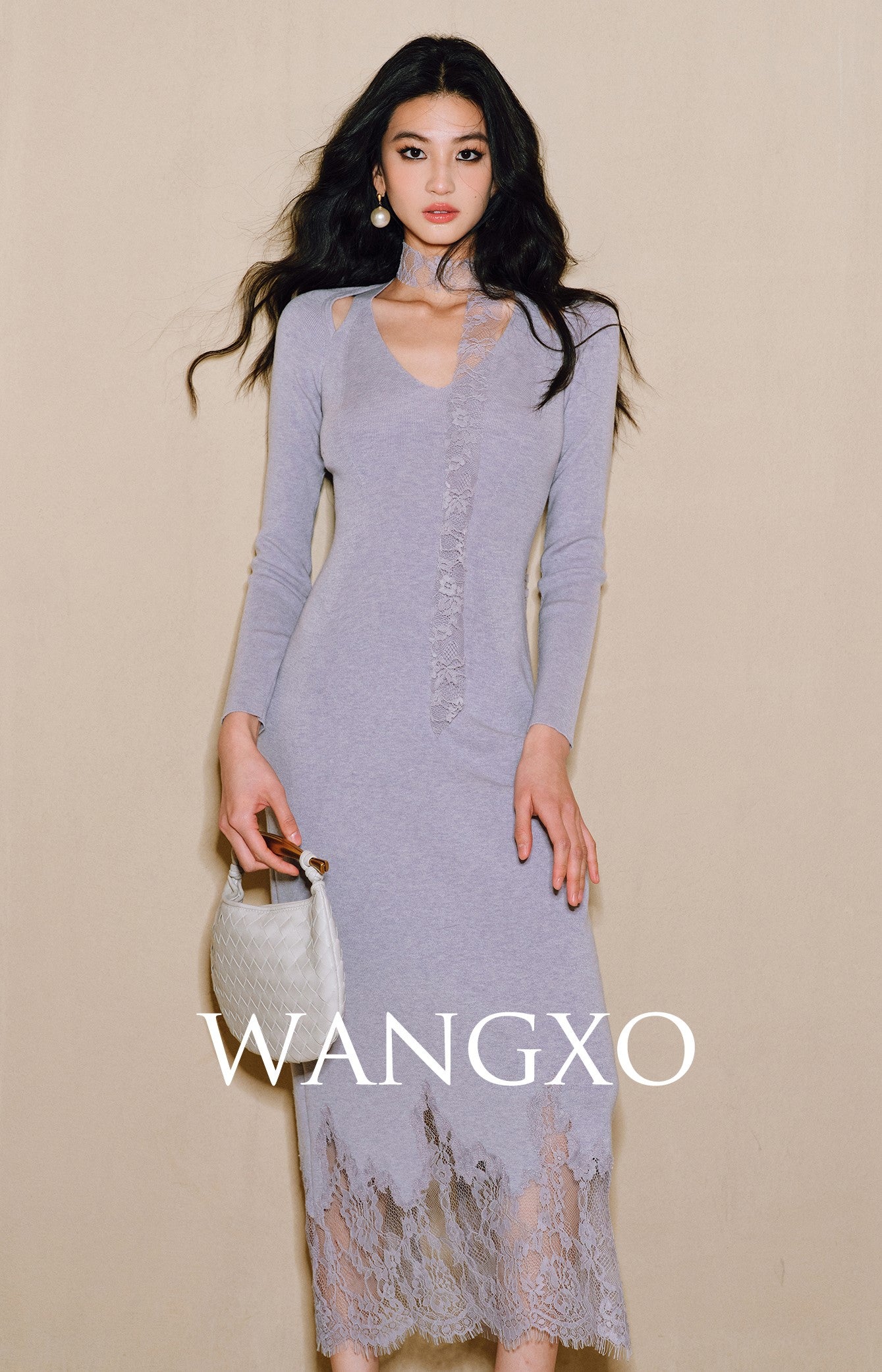 WANGXO | Merino Wool Knit with Panelled Eyelash Lace Slim Dress -NÉRO.