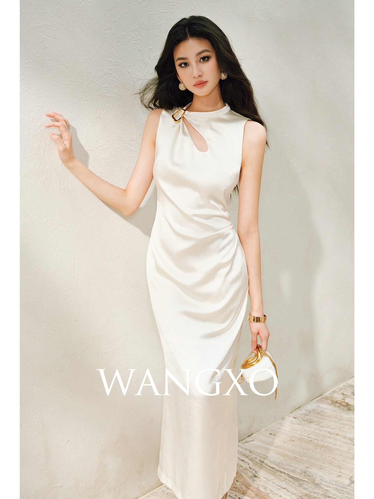 WANGXO |Water Drop Cutout, Custom Pin & Pinch-Pleated Sleeveless Dress- SENA