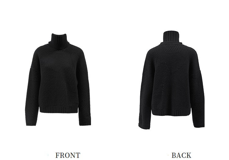 ZHUCHONGYUN Black Coarse Stitch Ribbed Turtleneck Sheep Wool Knit Top-NODA.