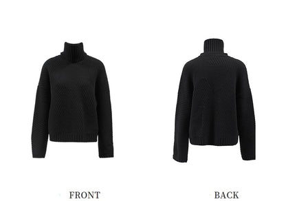 ZHUCHONGYUN Black Coarse Stitch Ribbed Turtleneck Sheep Wool Knit Top-NODA.