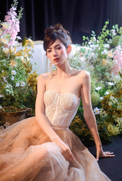 DOLLY Elegant Fake Two Piece Sleeveless Tube Top Sequin Long Dress-POLA