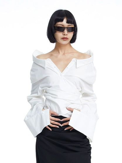 TINY IN white lace-up shirt one and two wear off-the-shoulder loose shirt -MEL