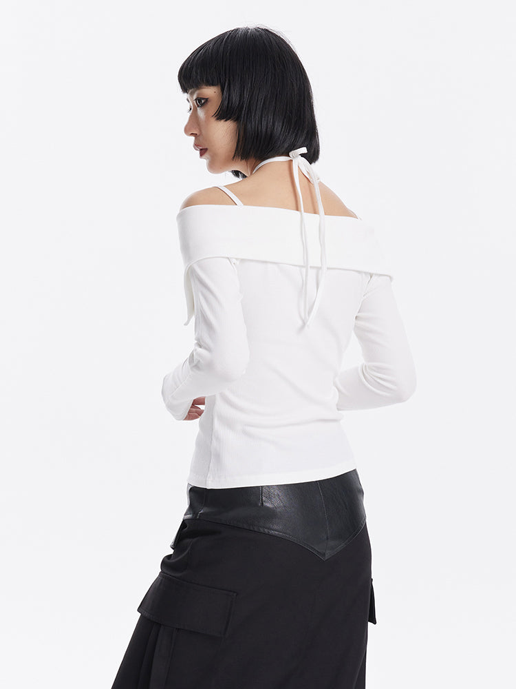 TINY IN crossover off-the-shoulder large lapel knitted long sleeve cut-out top-YOMI