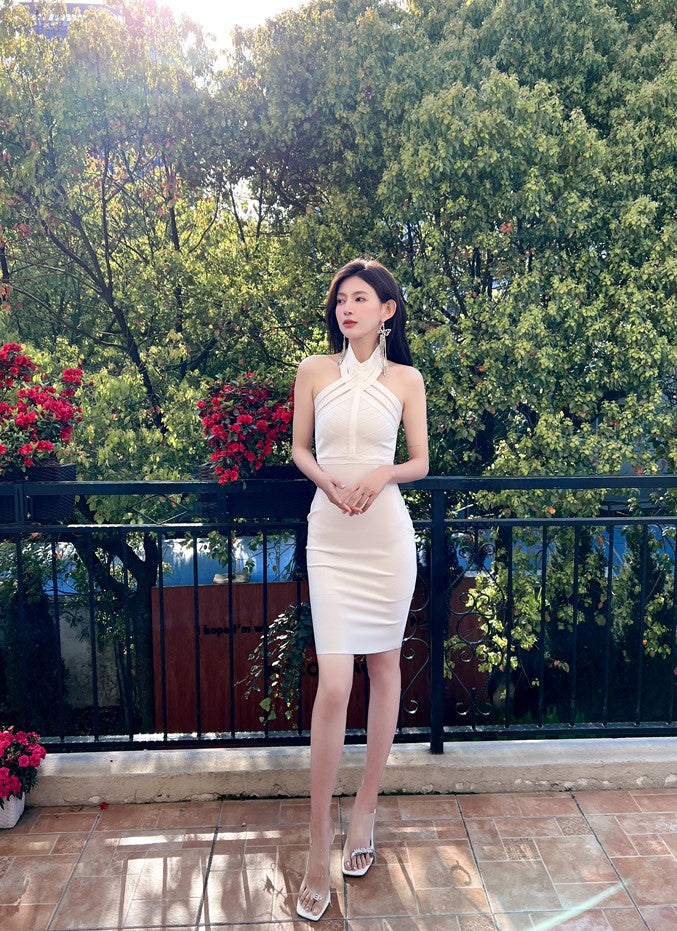 DOLLY Luxury Off Shoulder Halter Neck Bandage Midi Dinner Date Dress-OLAH