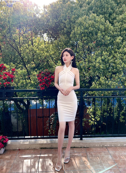 DOLLY Luxury Off Shoulder Halter Neck Bandage Midi Dinner Date Dress-OLAH