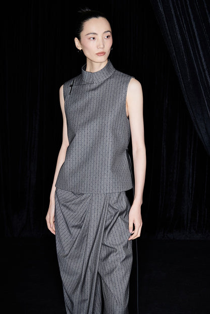 M essential Mackay designer label sand diamond grey stripe diamond buckle drawstring vest - ZING.