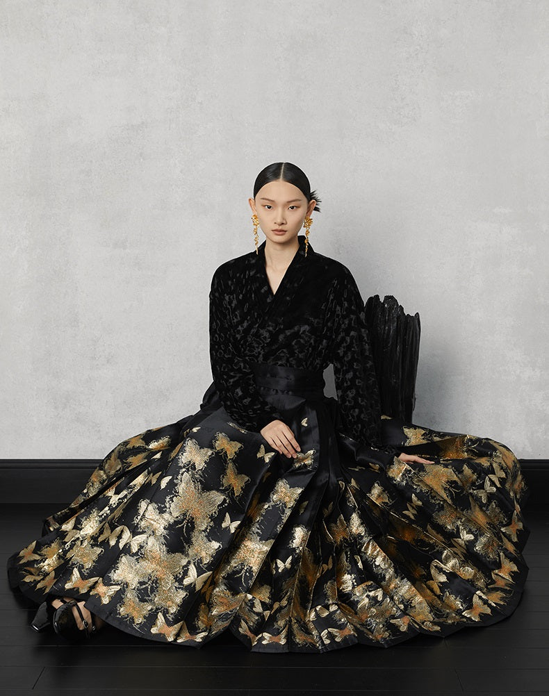 HECO Butterfly Hanfu High Waisted Pleated Long Skirt - rain.