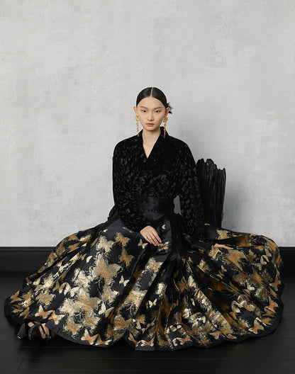 HECO Butterfly Hanfu High Waisted Pleated Long Skirt - rain.