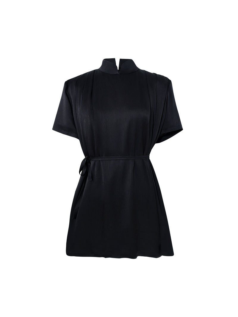 HECO acetate press-pleated cinched waist black white texture t-Shirt - NONE.