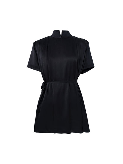 HECO acetate press-pleated cinched waist black white texture t-Shirt - NONE.