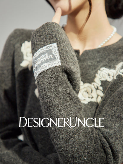 DGU "Flower Rhyme" gray sweater autumn retro loose slimming knitted top - Brianna.