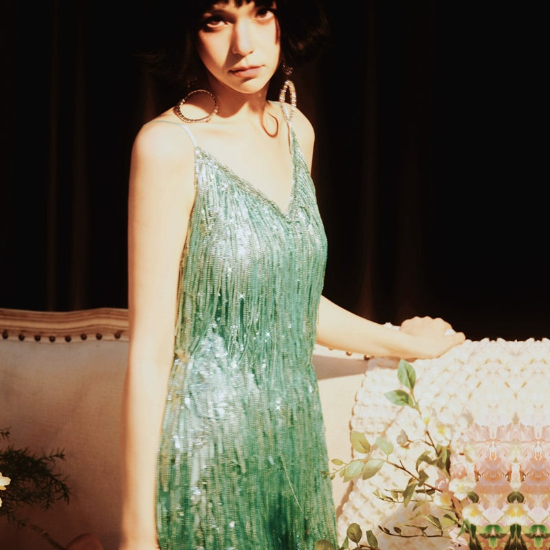 DOLLY Elegant Turquoise Green Sleeveless V-neck Tassel Glitter Cocktail Dress-ALEXA
