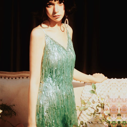 DOLLY Elegant Turquoise Green Sleeveless V-neck Tassel Glitter Cocktail Dress-ALEXA