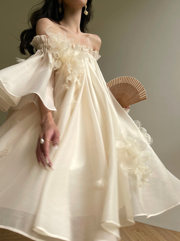 Aconiconi Luxury Off-Shoulder Flower Short Sleeve bridal baby doll Dress - Magnolia Lotus Fragrance