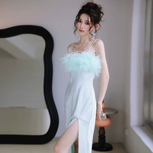 DOLLY Luxury Mint Fluffy Feather Slim Fit Satin Long Slit Suspender Dress-COLA