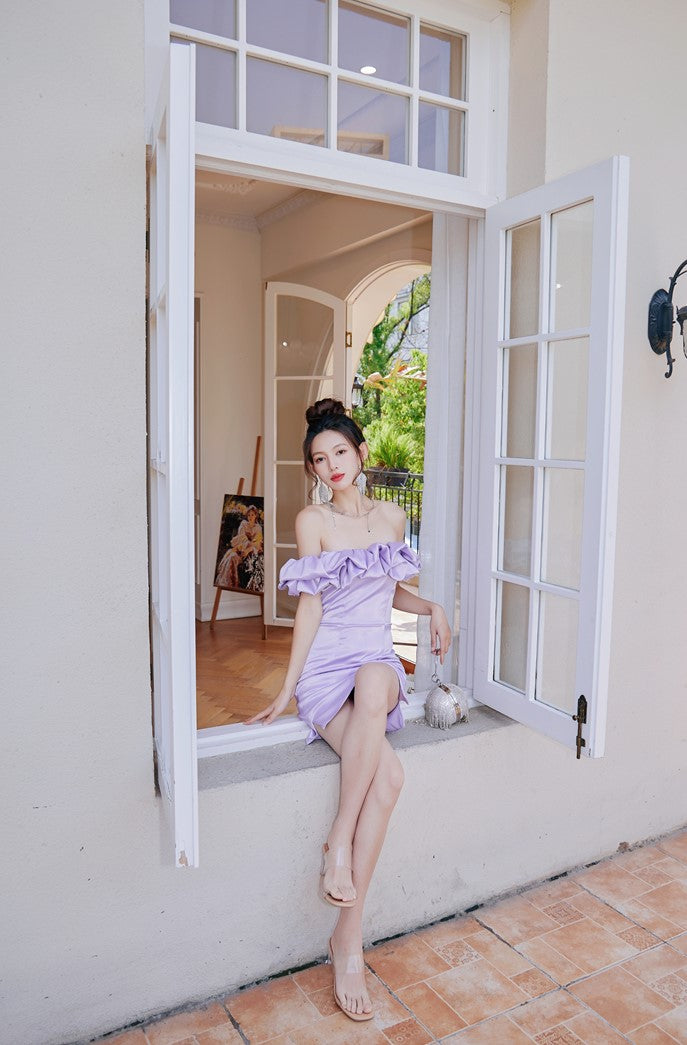 DOLLY Elegant Satin Ruffled Off Shoulder Tube Top Sim Fit Date Dress-AINSELY